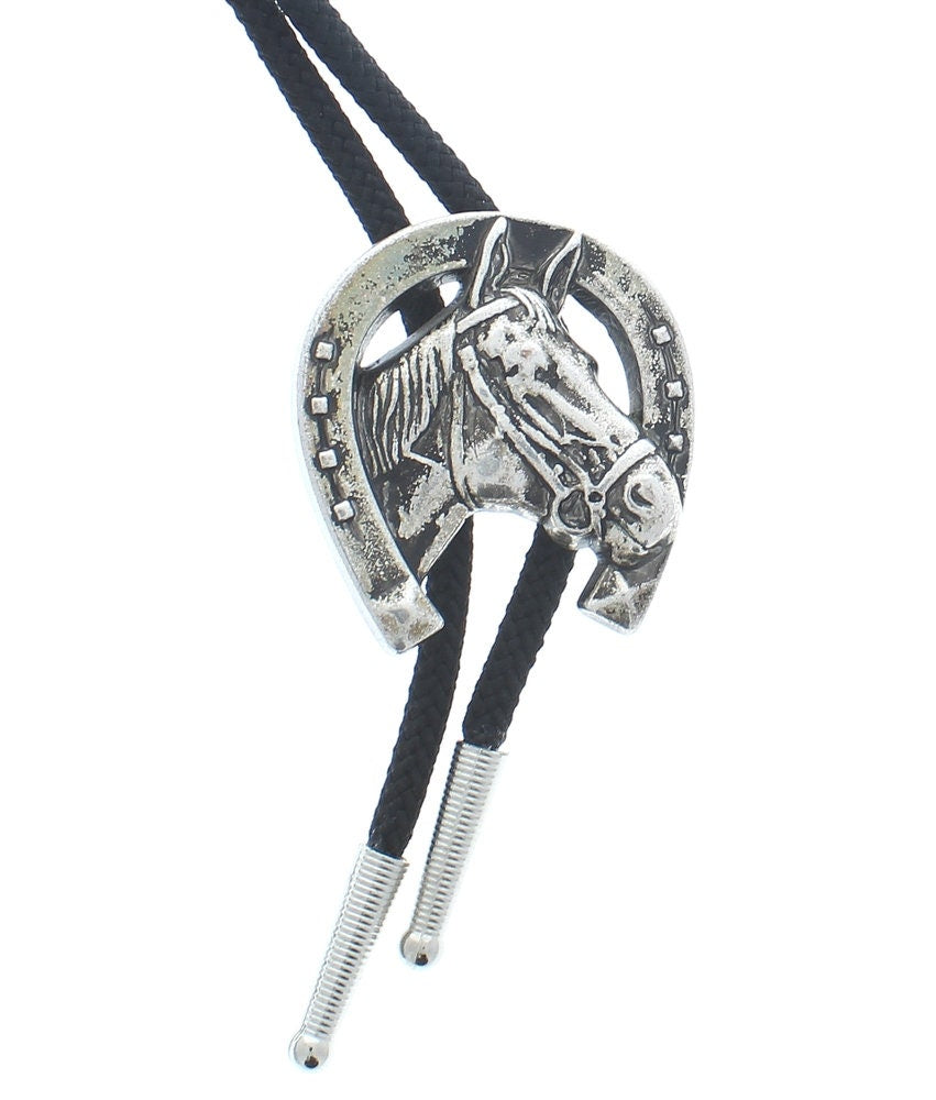 Western Bolo Tie, Lucky Horse in Horse Shoe, antique silver, black cord ,  36" cord, made in USA, Each