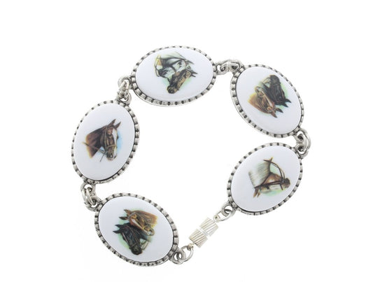 German Plastic Porcelain Decal Painting - Horses Oval 25x18MM ON CHALKWHITE BASE, bracelet