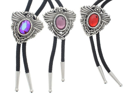 Winged Medallion Bolo Tie, ruby crystal stone in Classic Silver setting, 35" black cord with gold tips, each