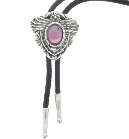 Winged Medallion Bolo Tie, ruby crystal stone in Classic Silver setting, 35" black cord with gold tips, each