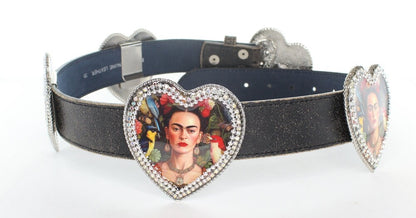 Frida Concho Icon Leather Belt, vintage images on 5 heart conchos with crystal, Hand Made in USA