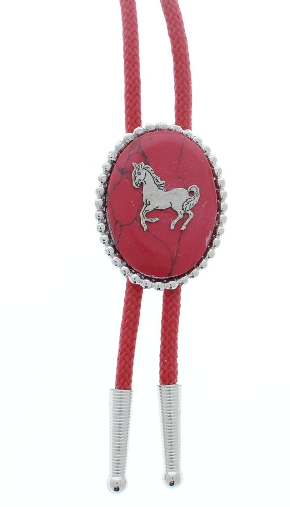 Western Bolo Tie, Pony charm.  Faux  red turquoise Antique Silver, 36" cor red, silver tips, Made in USA  each