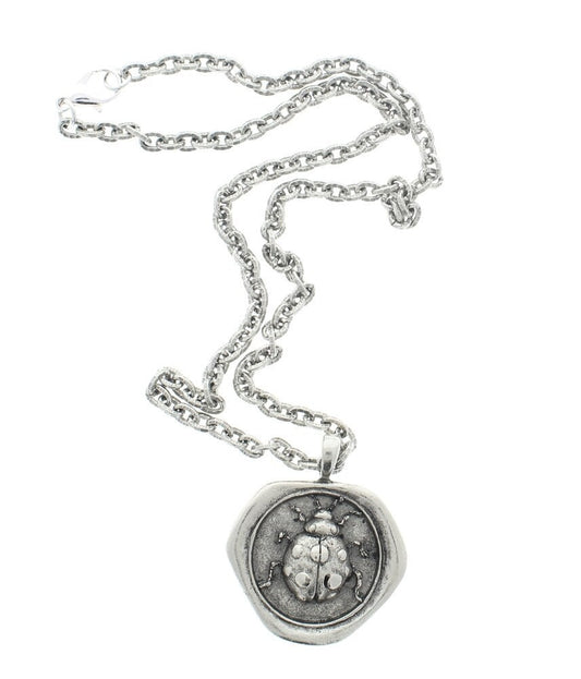 LadyBug Wax Seal Pendant Necklace in Gift Bag, Antique Silver or Antique Gold, 1 each