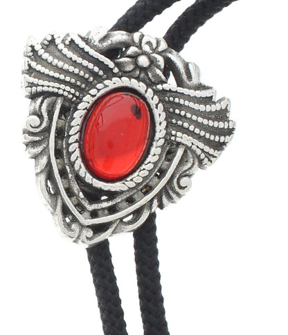 Winged Medallion Bolo Tie, ruby crystal stone in Classic Silver setting, 35" black cord with gold tips, each