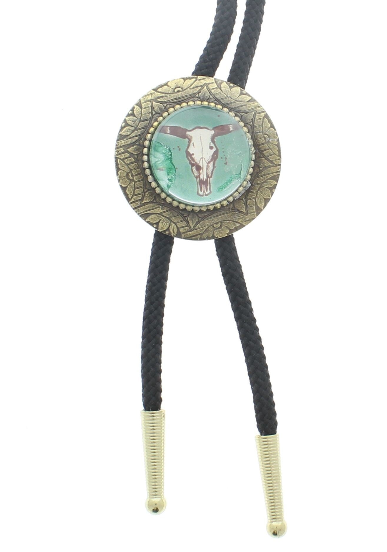 skull Bolo Tie on 36" Cord with brass tips, Antique brass Plating