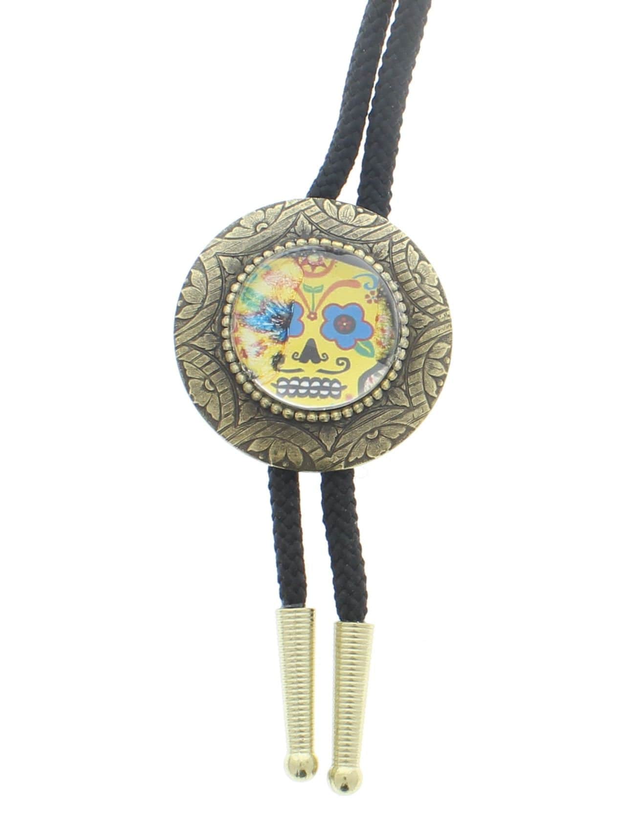 sugar skull  bolo Tie on 36" Cord with brass plate  tips, Antique brass