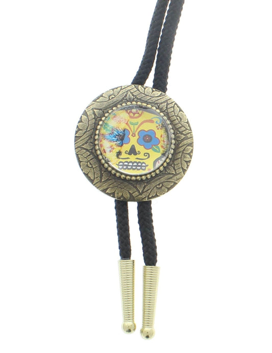 sugar skull  bolo Tie on 36" Cord with brass plate  tips, Antique brass