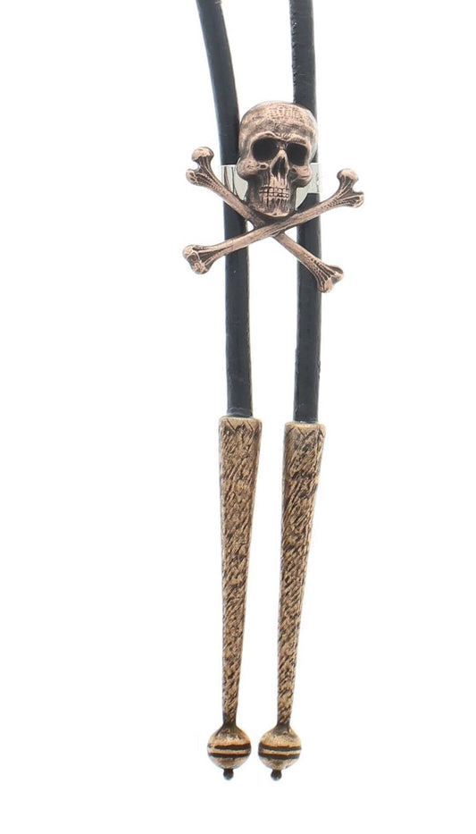 Skull & Bones Jolly Roger Bolo Tip ,  antique cpper on 36" black round leather cord, copper tips with tips, made in USA, each