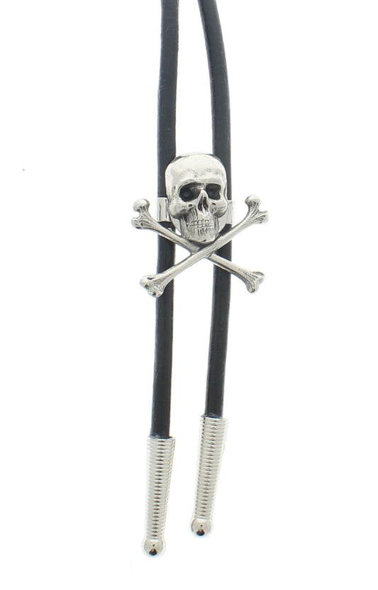 Skull & Bones Jolly Roger Bolo Tip ,  antique silver  on 36" black round leather cord, silver  tips, made in USA, each