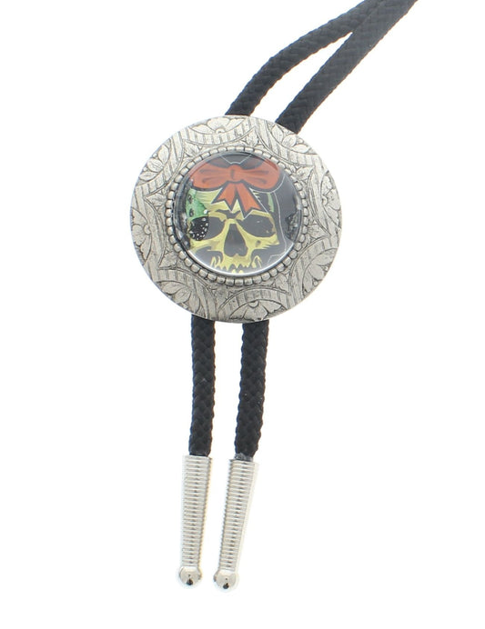 sugar skull bolo Tie on 36" Cord with silver plate  tips, Antique silver