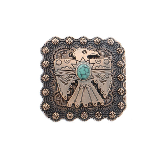 Thunderbird buckle, 2" x 2" , 1.5" belt, copper ox finish
