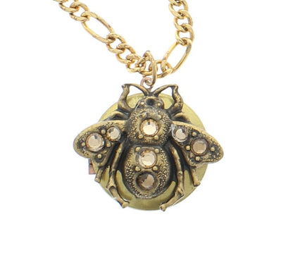 Bee Crystal Locket Necklace 18" or 24", 1.25" locket, antique gold, made in USA, sold by each