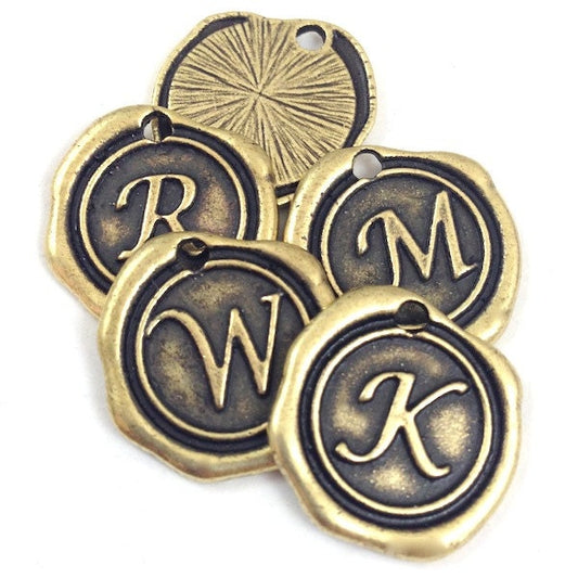 18mm Wax Seal Charms, Alphabet Initial, Vintage Gold, pack of 6