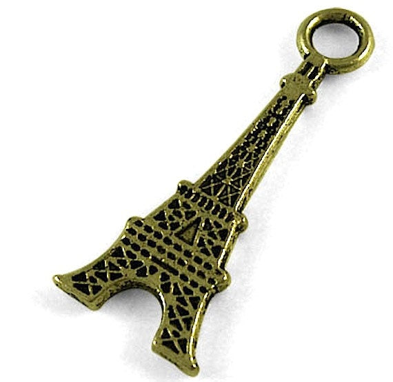 12 Eiffel Tower Charms, 1 1/4" height, antique gold, pack of 12