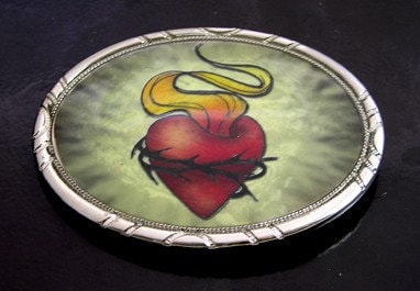 Red Sacred Heart with Crown of Thorns Silver Buckle with brown or black belt, Small, Medium, Large, XL Extra Large, Each