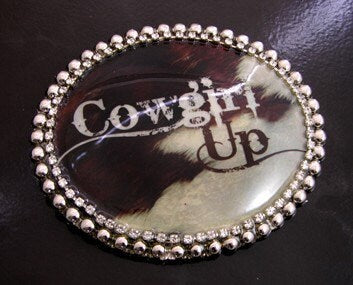 Cowgirl Rodeo Belt Buckle and Leather Belt, Cowhide art image on silver buckle, black or brown leather belt, Made in USA, Each
