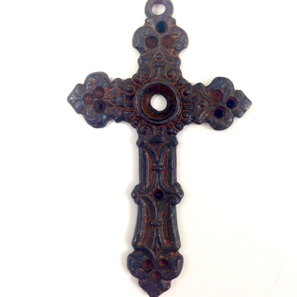 Spanish Mission Rustic Cross Pendant with 6mm bezel, rustic brown, Made in USA, Pack of 3