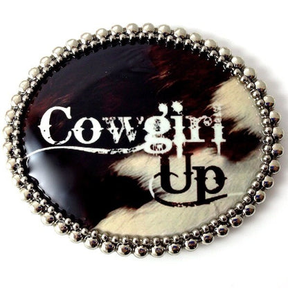 Cowgirl Rodeo Belt Buckle and Leather Belt, Cowhide art image on silver buckle, black or brown leather belt, Made in USA, Each