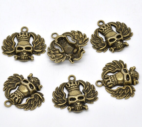 31mm Crown Skull Charms with wings, Day of the Dead Charms, Vintage Gold, Pack of 10