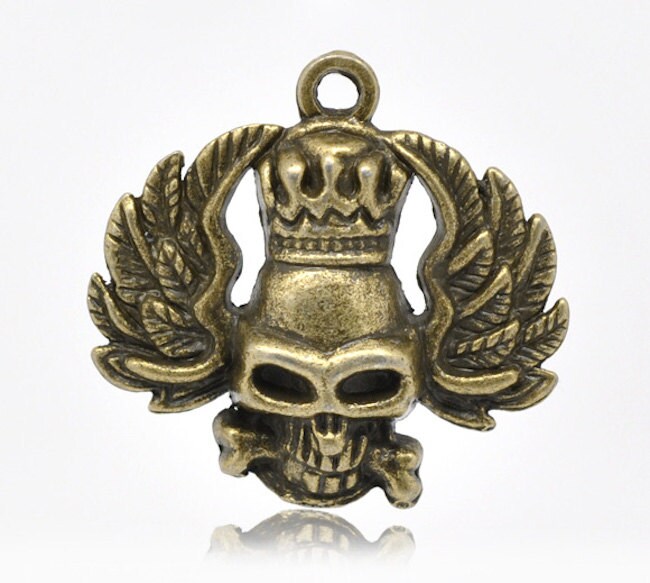 31mm Crown Skull Charms with wings, Day of the Dead Charms, Vintage Gold, Pack of 10