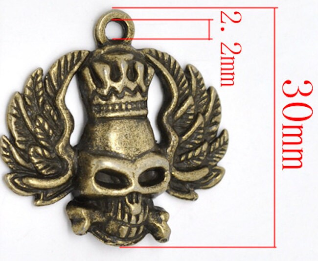 31mm Crown Skull Charms with wings, Day of the Dead Charms, Vintage Gold, Pack of 10