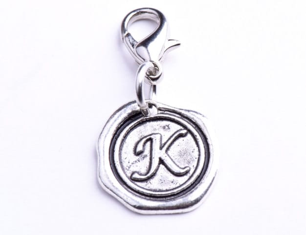 18mm Alphabet Letter Initial Wax Seal Charm on lobster clasp, interchangeable A - Z, antique silver, Each