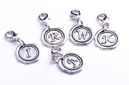 18mm Alphabet Letter Initial Wax Seal Charm on lobster clasp, interchangeable A - Z, antique silver, Each