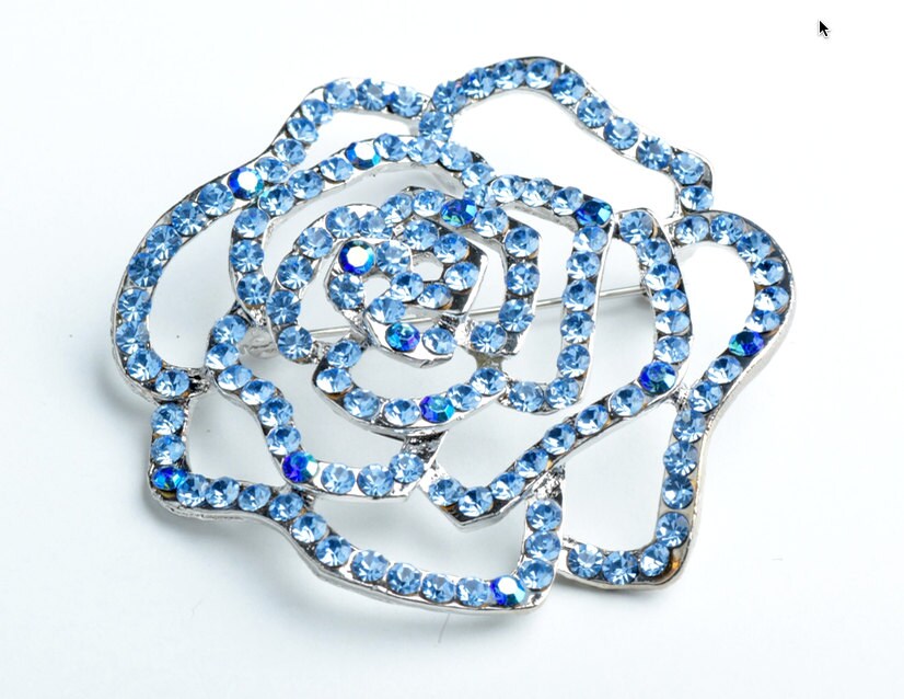 Vintage Vintage Large Rose Flower Brooch Pin, Light Sapphire Blue AB in silver setting, Each