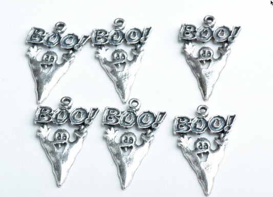 28mm Halloween Ghost Charm "Boo", Classic Silver, pack of 6