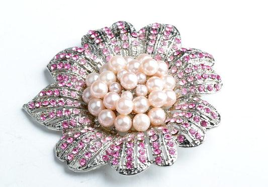 Vintage Crystal and Pearl Flower Pin or Brooch Vintage Pendant ,50mm, Rose Pink AB Crystals, Each