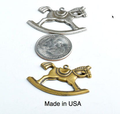 Vintage Rocking Horse Toy Charm, Antique Silver, Made in USA, pack of 6