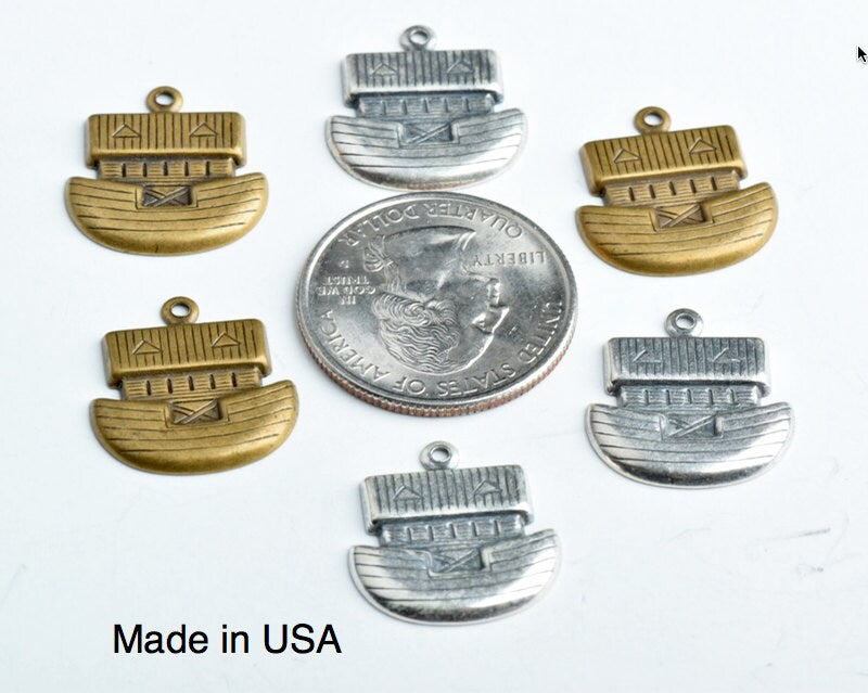 Noah's Ark Boat Charm, Vintage, Bible, 19mm or 36mm, antique gold or antique silver, Made in USA, pack of 6