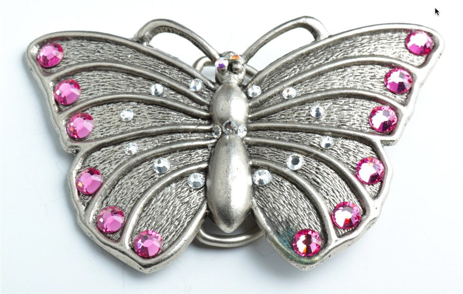 Butterfly Silver Belt Buckle and Leather Belt, pink crystal, black or brown belt, S - XL