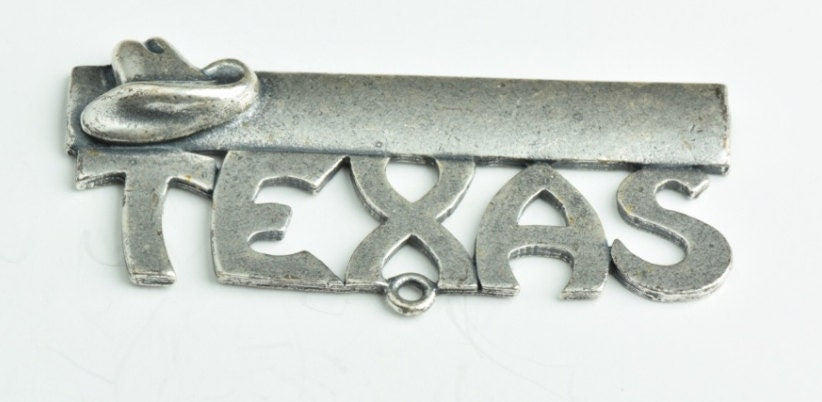 Texas "Hang Your Hat in Texas" Pin Finding with cowboy hat, vintage, 62mm x 27mm, Antique Silver, flat back, Made in USA, pack of 2