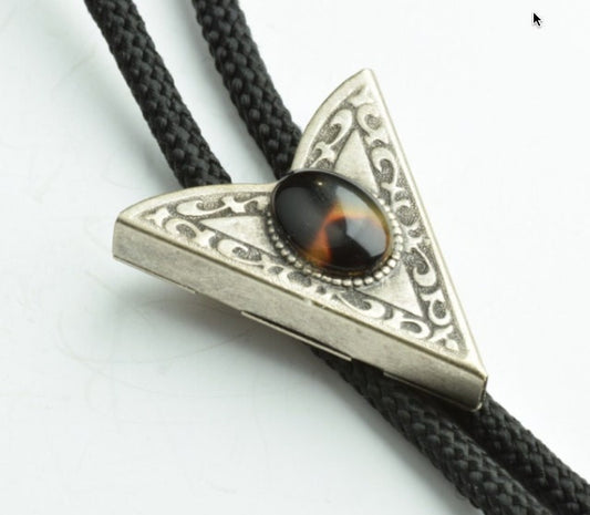 Western Bolo Tie, antique silver with brown glass cabochon on 36" black or jute cord, Made in USA,  each