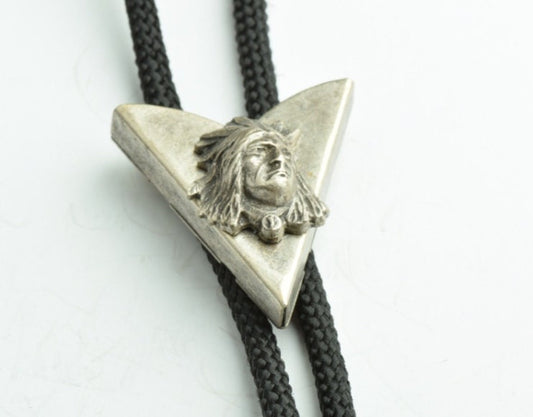 Native American Bolo Tie with tips, Indian Warrior, Antique Silver, 36" cord in black, jute, red, or turquoise cord, Made in USA, Each
