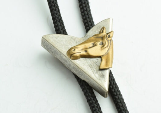 Gold Horse Bolo Tie on antique silver with 36" black or red cord, Made in USA, each