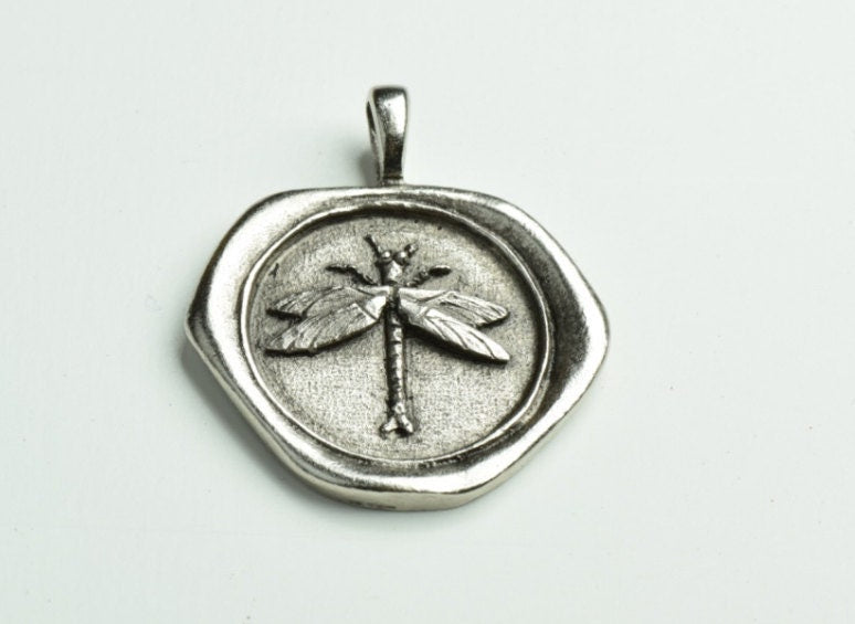 Dragonfly Wax Seal Necklace in Gift Bag, 16", 18" or 20", HandMade in USA, 35mm, antique silver or antique gold, 1 each