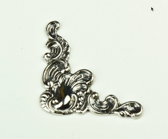 29mm Baroque Scrolled Corner for books, frames and decor, Antique Silver, Classic Silver or Rustic Finish, Made in USA, Pack of 3
