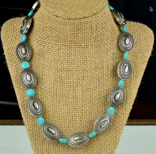 Southwest Concho Bead Necklace with Faux Turquoise, Antique Silver or Antique Gold, handmade, 18 inches, each