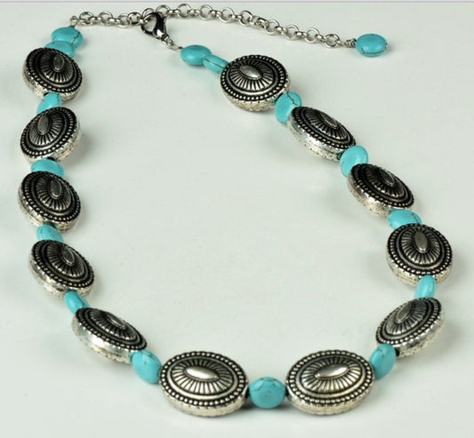 Southwest Concho Bead Necklace with Faux Turquoise, Antique Silver or Antique Gold, handmade, 18 inches, each