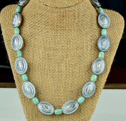 Southwest Concho Bead Necklace with Faux Turquoise, Antique Silver or Antique Gold, handmade, 18 inches, each