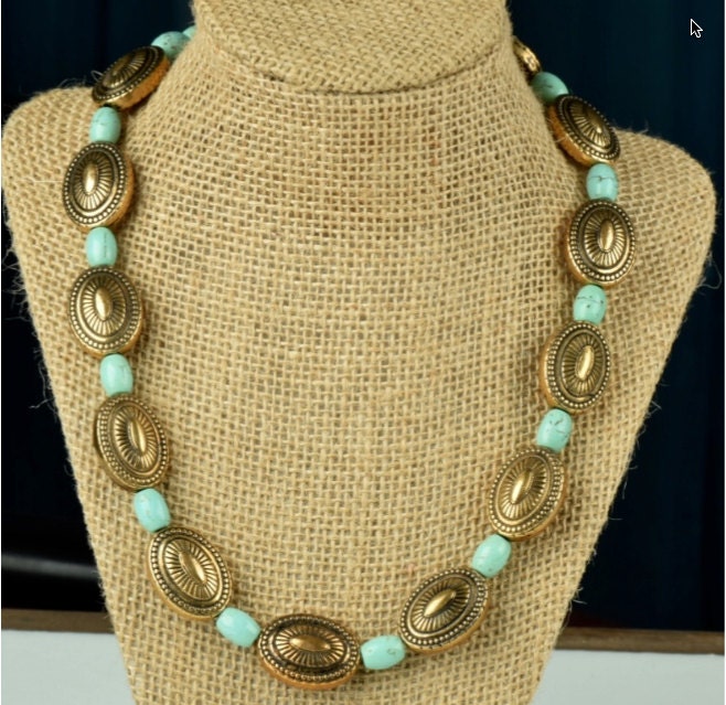 Southwest Concho Bead Necklace with Faux Turquoise, Antique Silver or Antique Gold, handmade, 18 inches, each