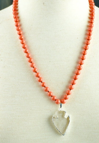 Clear Quartz Stone Pendant with silver leave edge and Salmon peach pink knotted-bead necklace, Each