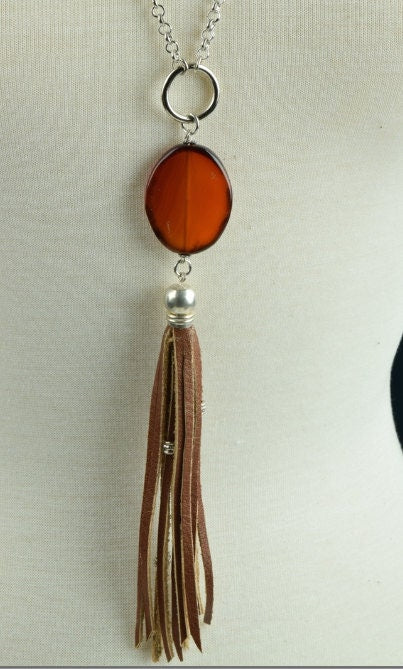 Agate drop Pendant with leather tassel neckalce 30 inches