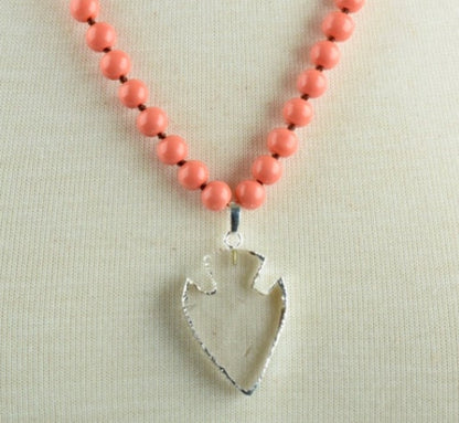 Clear Quartz Stone Pendant with silver leave edge and Salmon peach pink knotted-bead necklace, Each