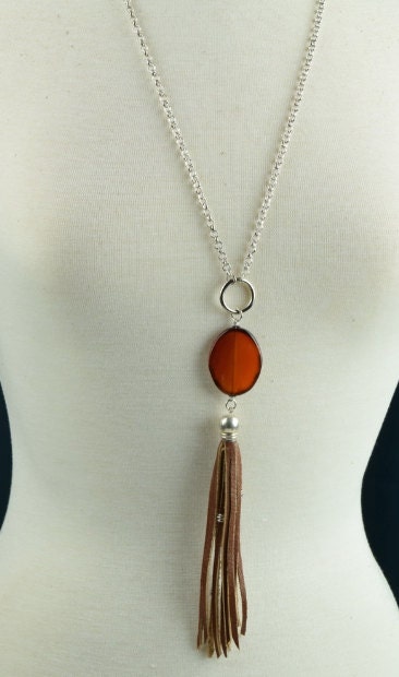 Agate drop Pendant with leather tassel neckalce 30 inches