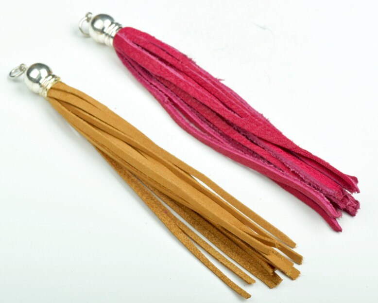 All natural leather Tassel pendant, hot pink or chamois gold, 5 inches, Made in USA, each