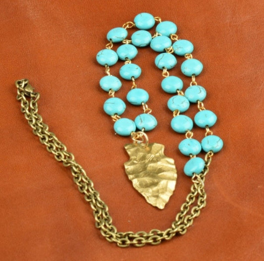 Gold Arrowhead with Turquoise Beads on Gold Chain Necklace, 18", 24", or 30", handmade in USA