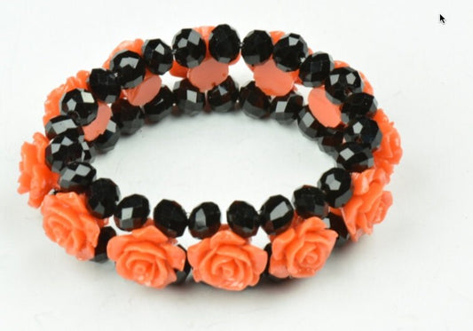 Carved Rose Black Crystal Bracelet, Orange, double strand with Crystal beads, Each